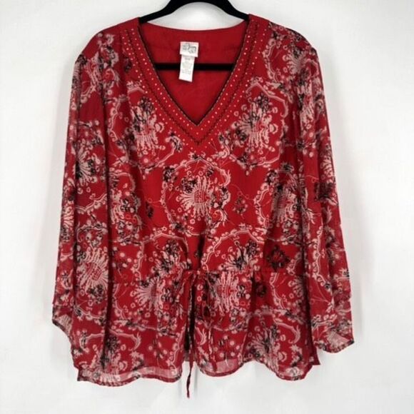 Vintage Y2K Fashion Bug Floral Beaded Bandana Print Tie‎ Waist Blouse Sheer 2X - Picture 2 of 13